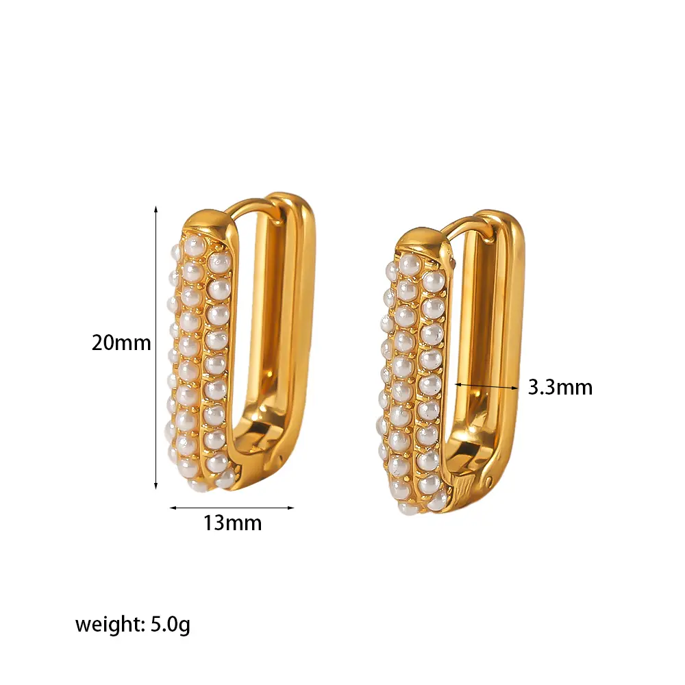 1 par de pendientes de mujer de estilo clásico simple en forma de U de acero inoxidable chapado en oro de 18 quilates con incrustaciones de perlas de imitación, anillo decorado con uso diario h5 Imagen2